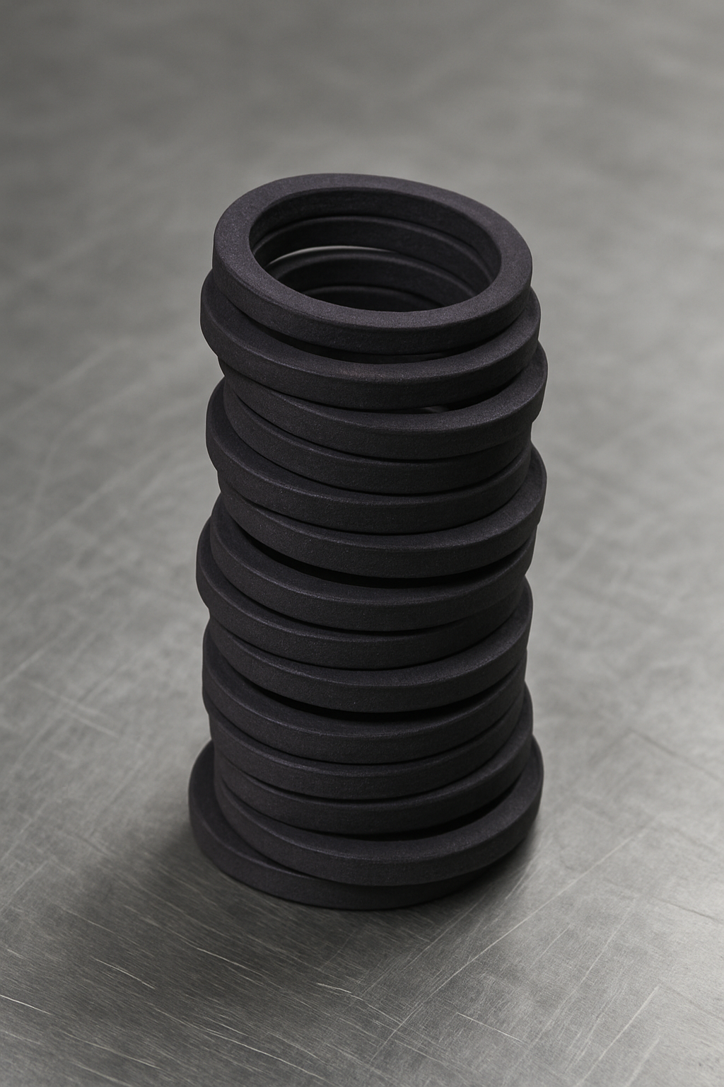 TrueMass gaskets neatly stacked showing precision manufacturing